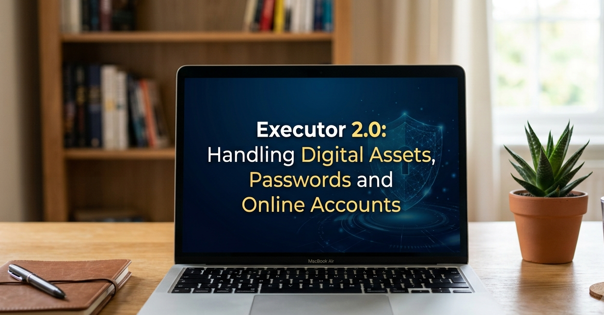Laptop on a desk, the screen reads: Executor 2.0: Handling Digital Assets, Passwords and Online Accounts