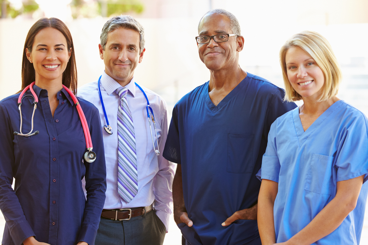 smiling male and female healthcare workers