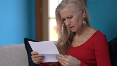 Senior woman reads a letter looking concerned and frustrated