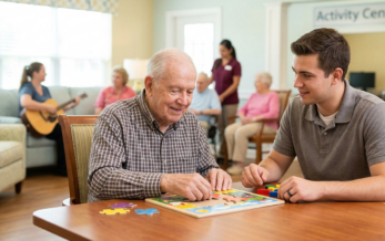 Elderly man sitting at a table with his adult son doing a puzzle in an assisted living facility.