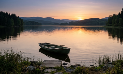row boat on lake at sunset