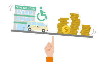 Illustration of a balance scale with coins on one end and nursing home on the other.
